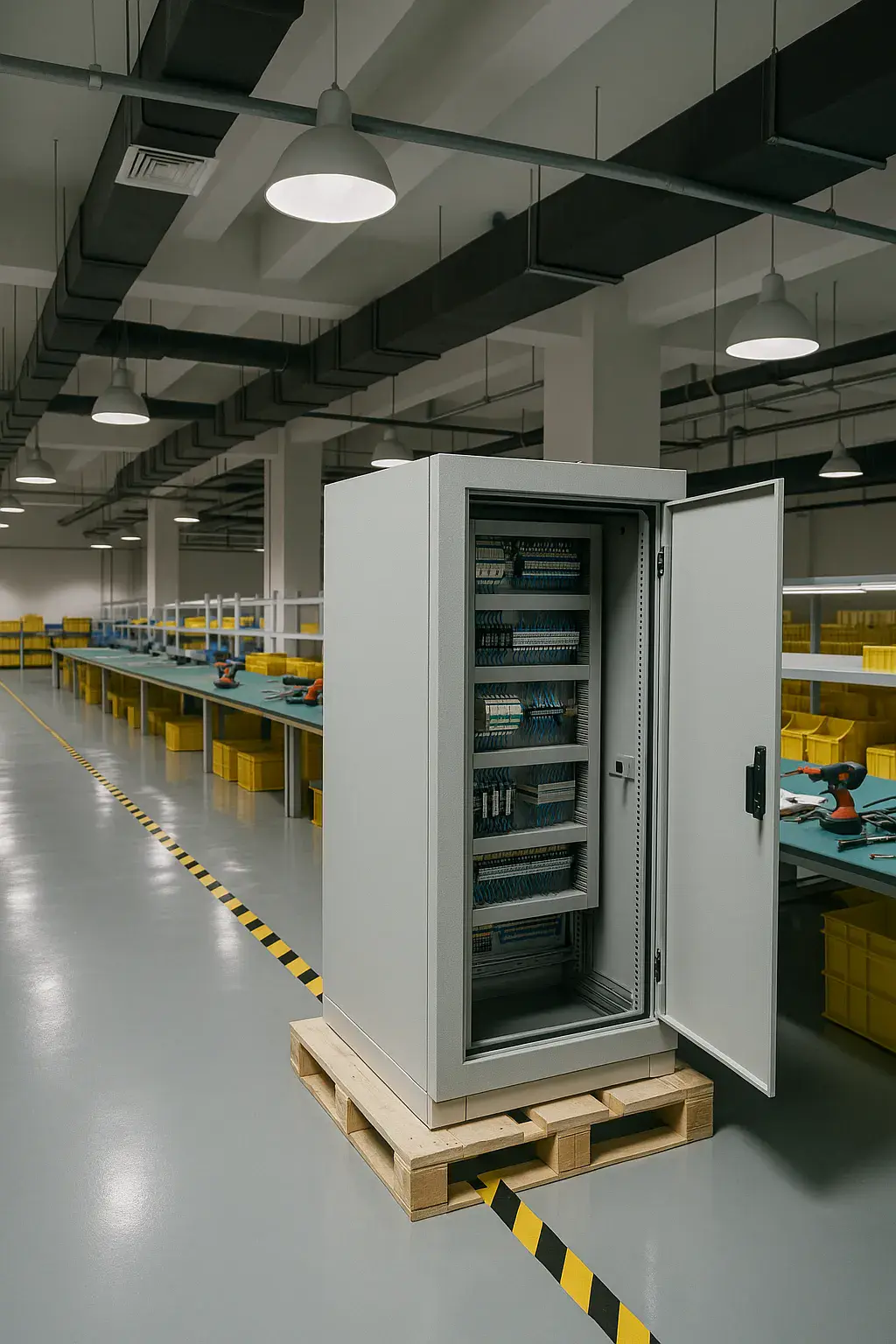 VeinWire box build assembly station integrating wire harnesses and enclosures